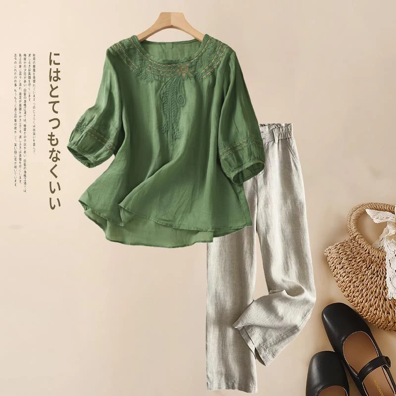 新中式禅意棉麻衬衫套装女士妈妈夏装高端亚麻苎麻上衣裤子两件套