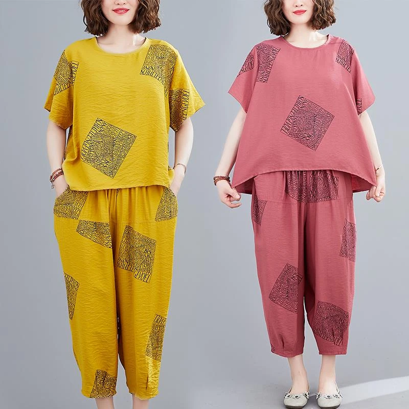 棉麻套装女夏2024新款韩版宽松短袖七分阔腿裤亚麻复古休闲两件套