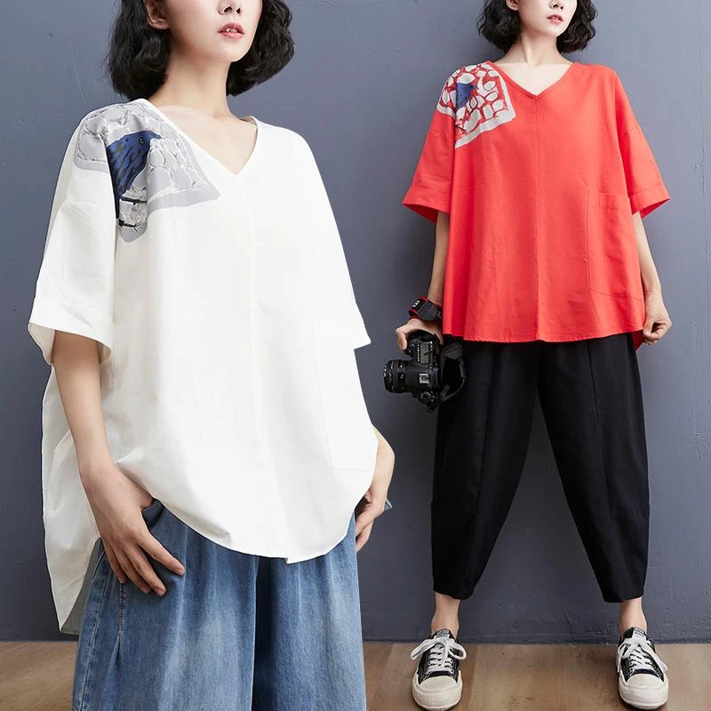 胖妹妹宽松T恤女夏季韩版洋气遮肚子显瘦V领棉麻上衣200斤半袖潮