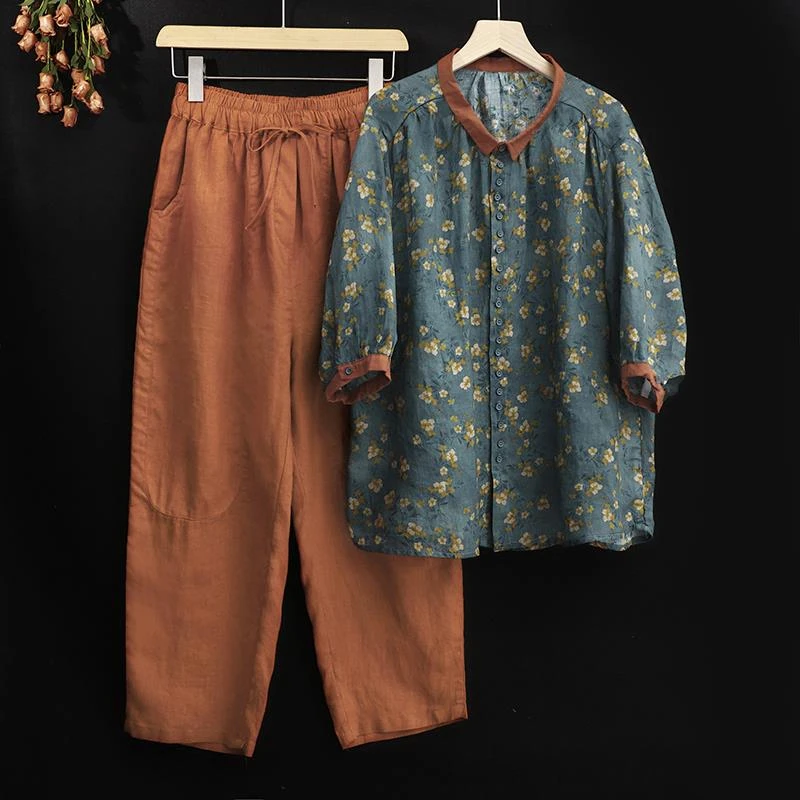 复古拼色碎花棉麻翻领短袖衬衫大码时尚套装休闲七分哈伦裤两件套