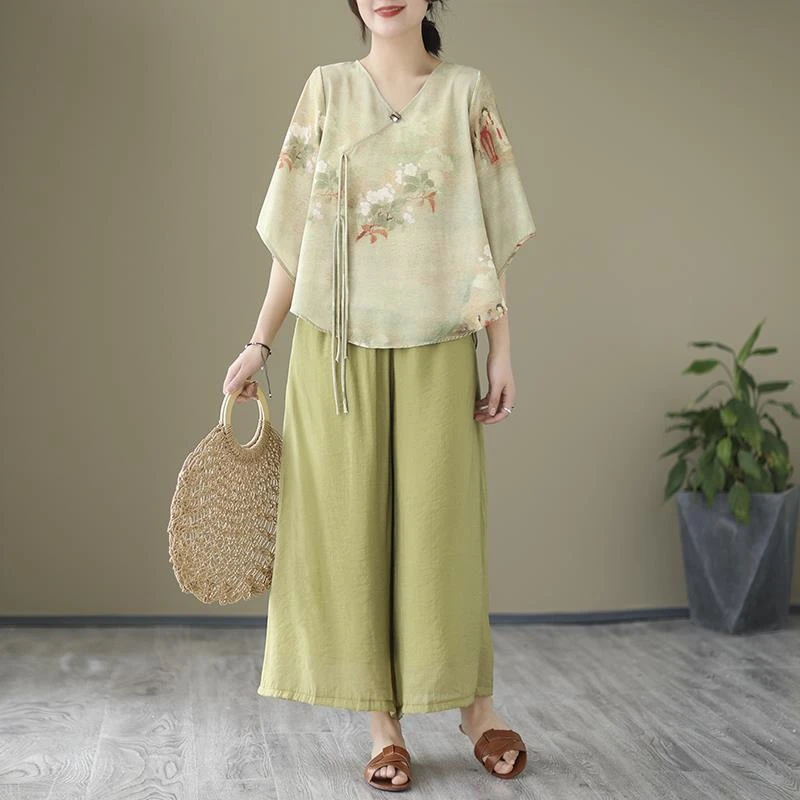 减龄时尚中国风套装女2024新款妈妈洋气夏装大码棉麻阔腿裤两件套