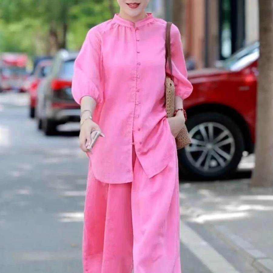 棉麻套装女夏2024新款大码中长款七分袖衬衫阔腿裤亚麻时尚两件套