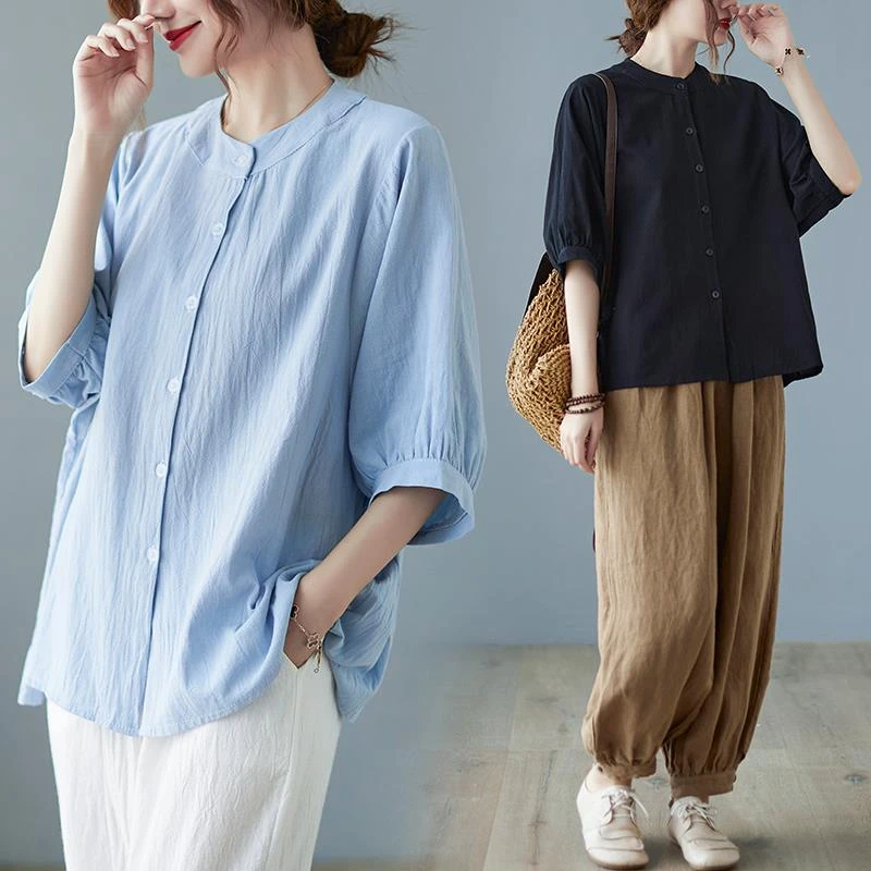 棉麻立领女士衬衫女装2024年新款夏季开衫胖妹妹亚麻大码短袖t恤