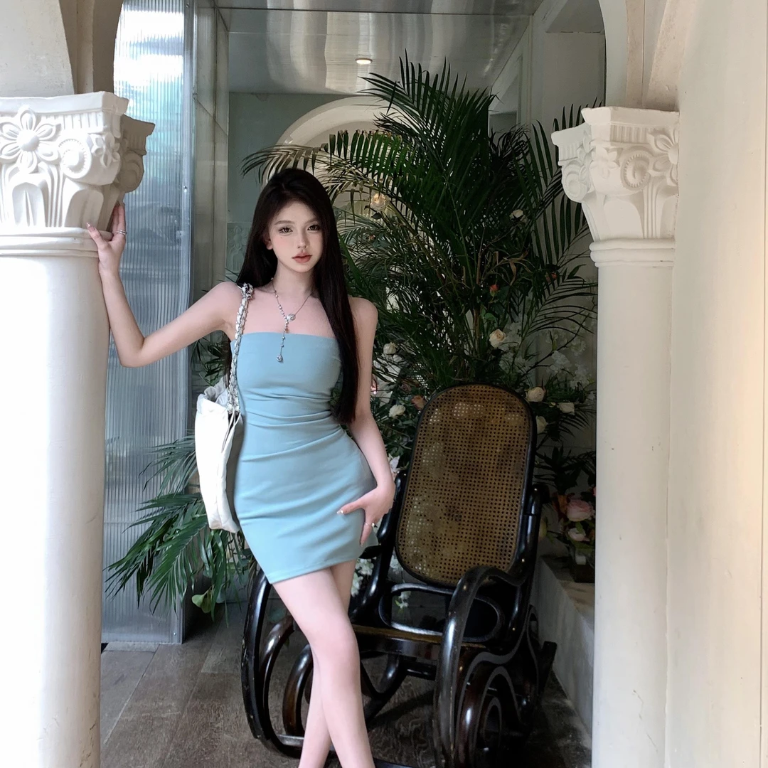 连衣裙女夏季气质纯色温柔弹力紧身褶皱收腰显瘦纯欲抹胸包臀短裙
