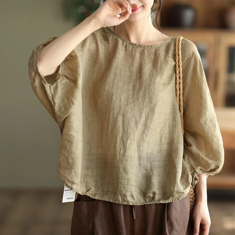 2024夏季新款蝙蝠袖宽松纯色棉麻上衣女薄款百搭文艺复古套头衬衫