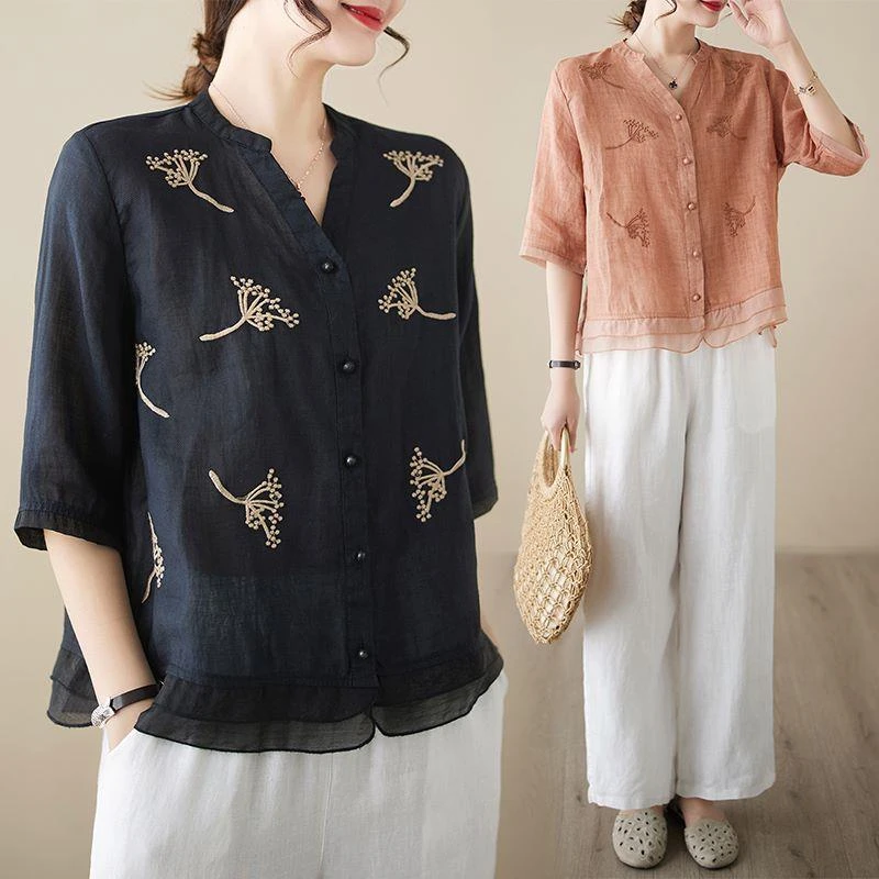 春夏新款拼接文艺小清新刺绣V领高端短款气质女上+棉麻阔腿裤套装