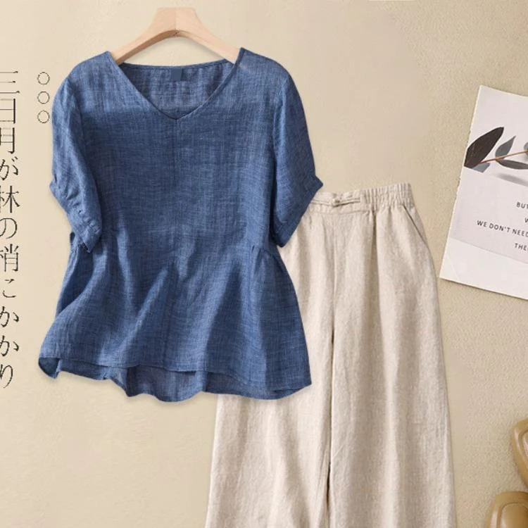 妈妈棉麻套装女士夏装时尚洋气大码亚麻苎麻宽松上衣阔腿裤两件套