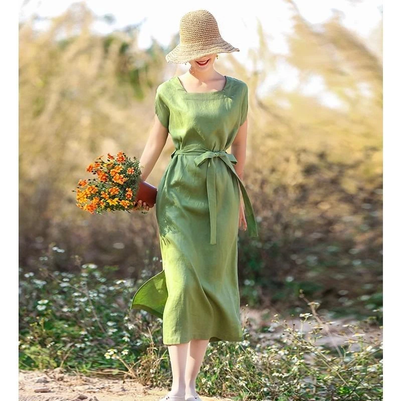棉麻连衣裙女夏绿色高端复古原创女装中年妈妈气质收腰民族风裙子