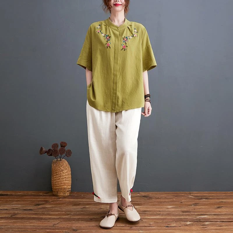 棉麻套装女夏季两件套复古民族风刺绣中年妈妈装麻料阔腿裤女装