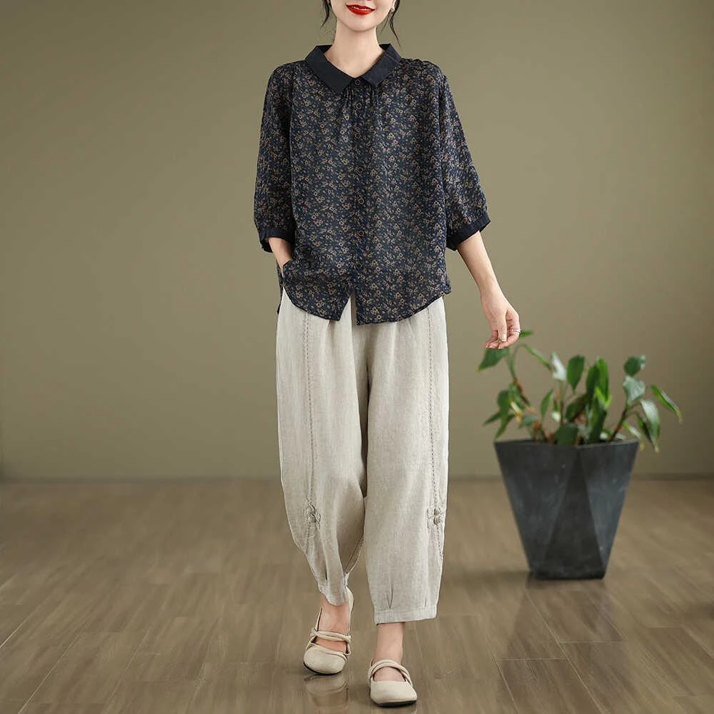 韩版宽松大码遮肉复古印花两件套女2024新款夏季休闲棉麻套装女