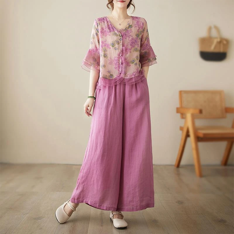 漂亮碎花苎麻衬衫套装女夏季新款棉麻五分袖小衫阔腿裤亚麻两件套