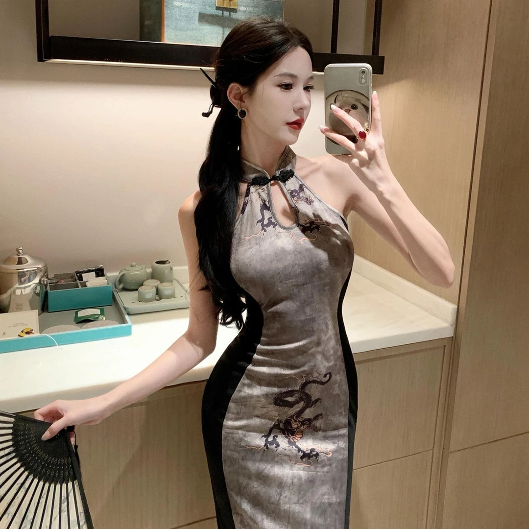 主播服装女新中式改良旗袍修身无袖国风复古气质撞色拼接连衣裙夏