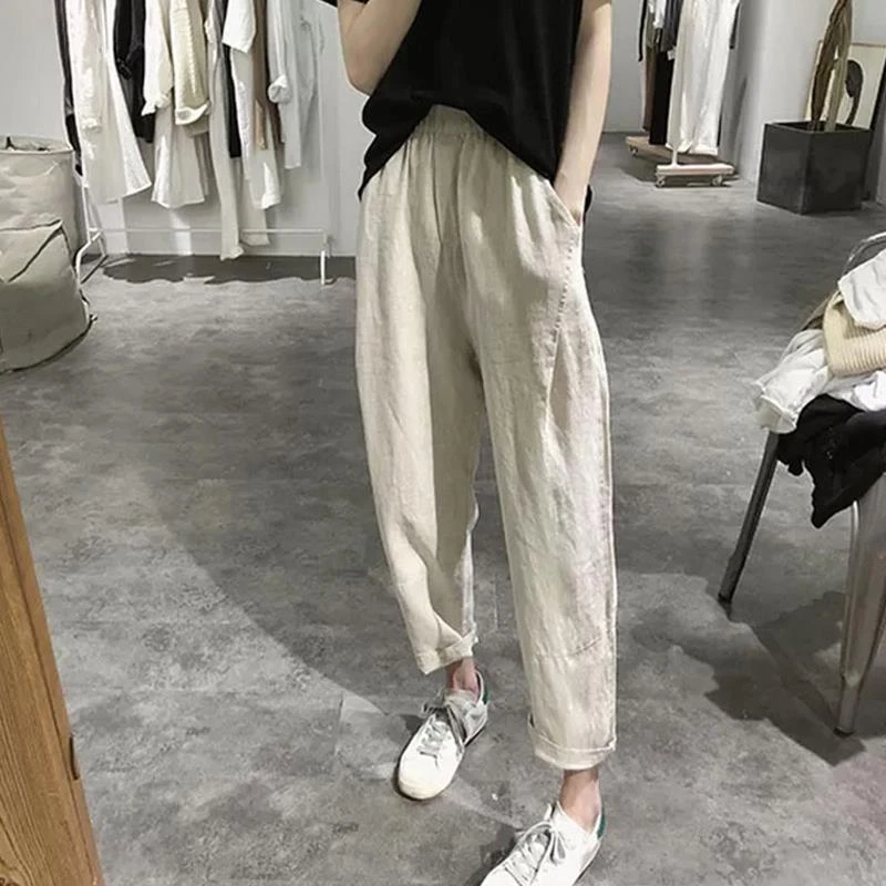 棉麻九分哈伦裤女装2024夏季新款高腰显瘦薄大码防晒阔腿裤小个子