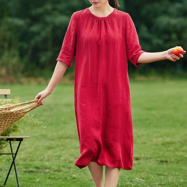 2024夏季新款棉麻复古文艺亚麻圆领宽松显瘦连衣裙袍子禅意裙子