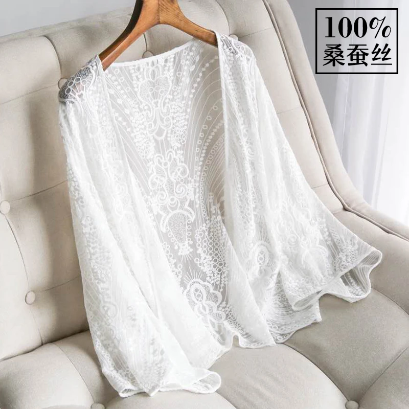 真丝小披肩女夏季配吊带裙子旗袍刺绣外搭开衫桑蚕丝防晒衣薄外套