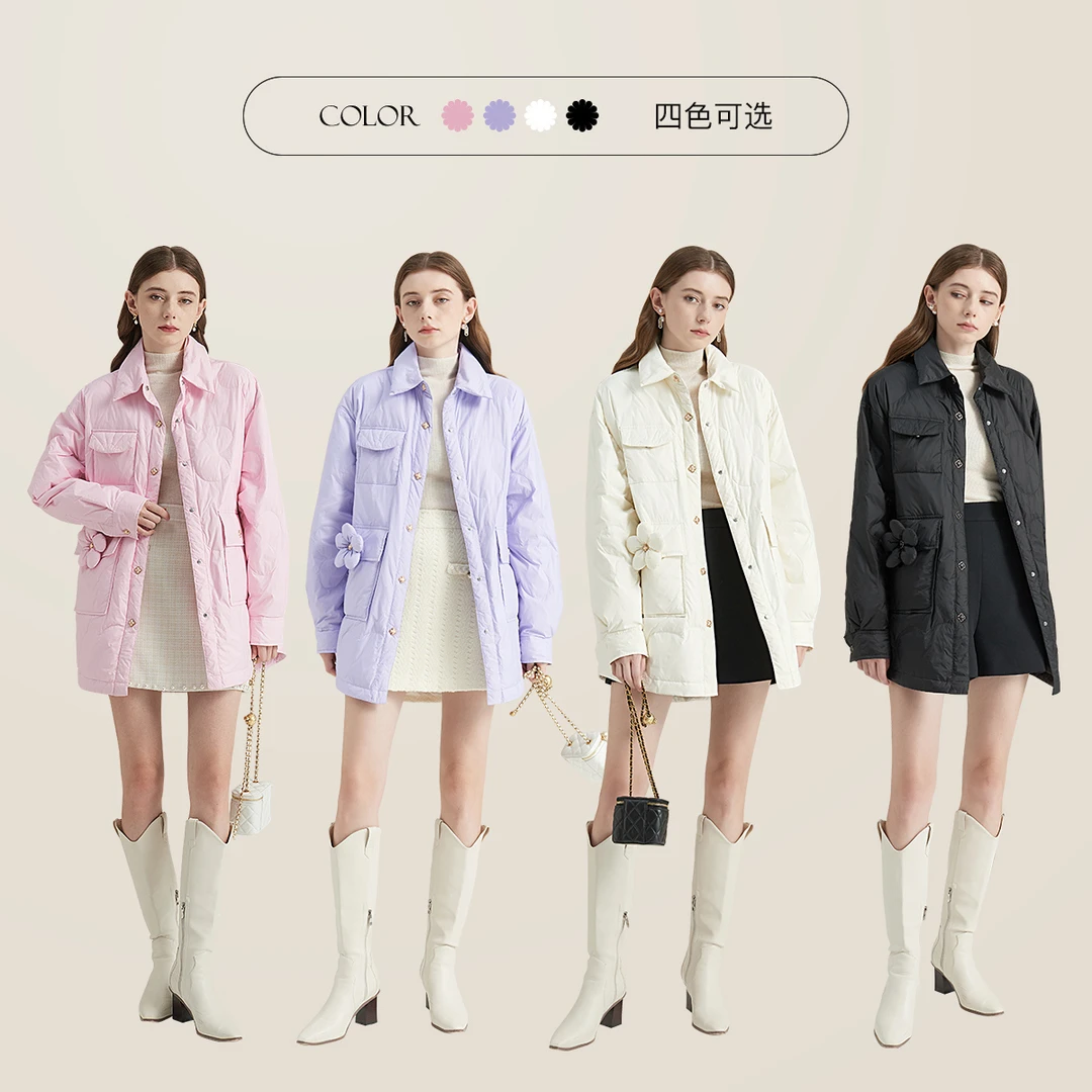 【诗语专属】Caroline秋季新款多口袋中长款衬衫暗扣羽绒服ECRCDA01