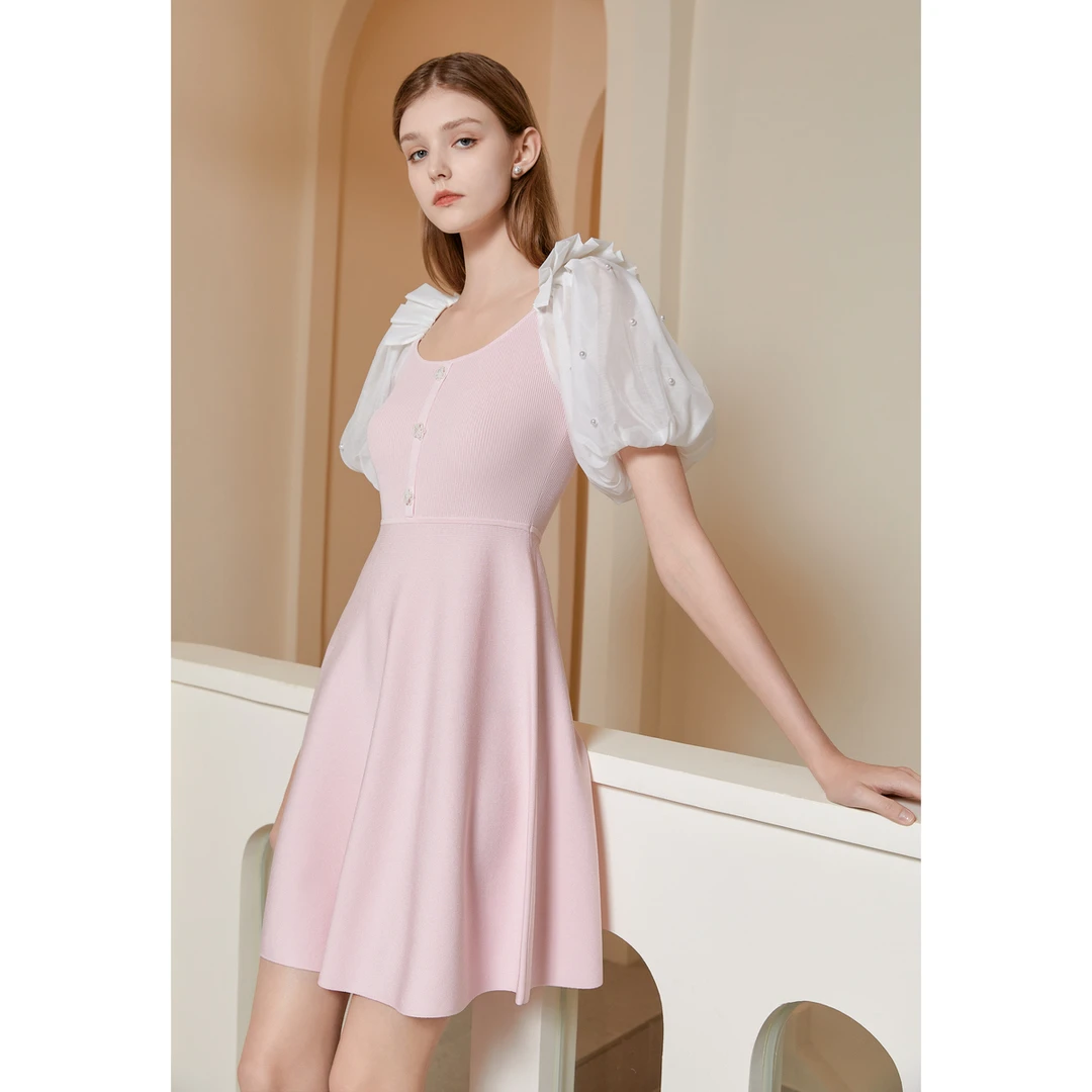 【诗语专属】Caroline夏季新款低领褶皱轻薄针织连衣裙ECRCBB32