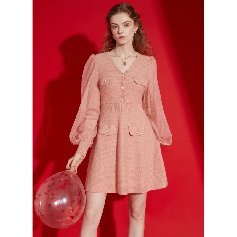 CAROLINE卡洛琳秋季新款兔毛网纱拼接小香风连衣裙ECRCCA34