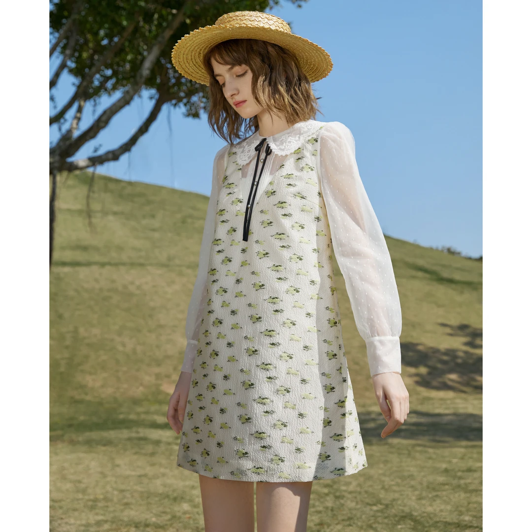 CAROLINE卡洛琳春季新款系带蝴蝶结短款碎花连衣裙ECRCAD17