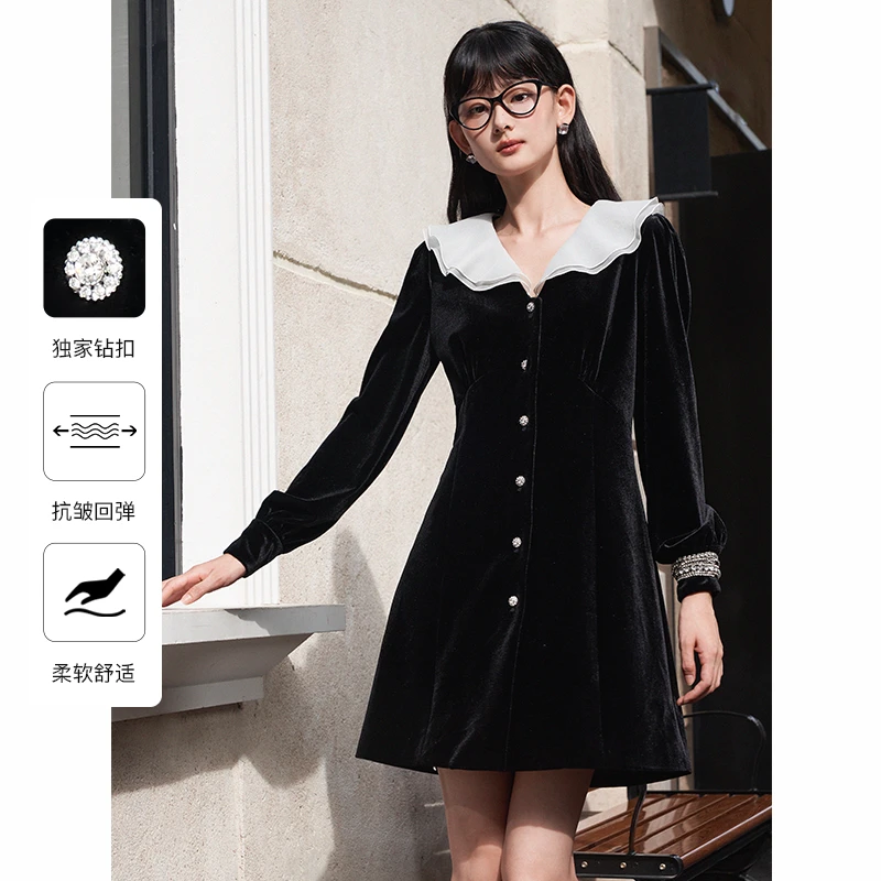 【爱粉专属】Caroline冬季新款荷叶领长袖丝绒连衣裙ECREDJ02