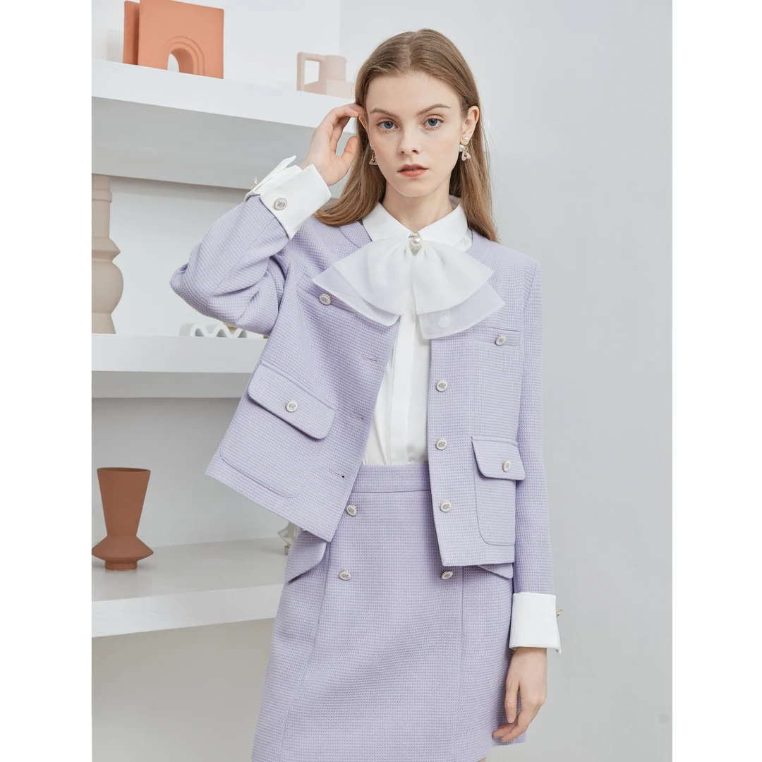 CAROLINE卡洛琳冬季新款甜美可爱小香风浅紫色短外套ECRDAB54