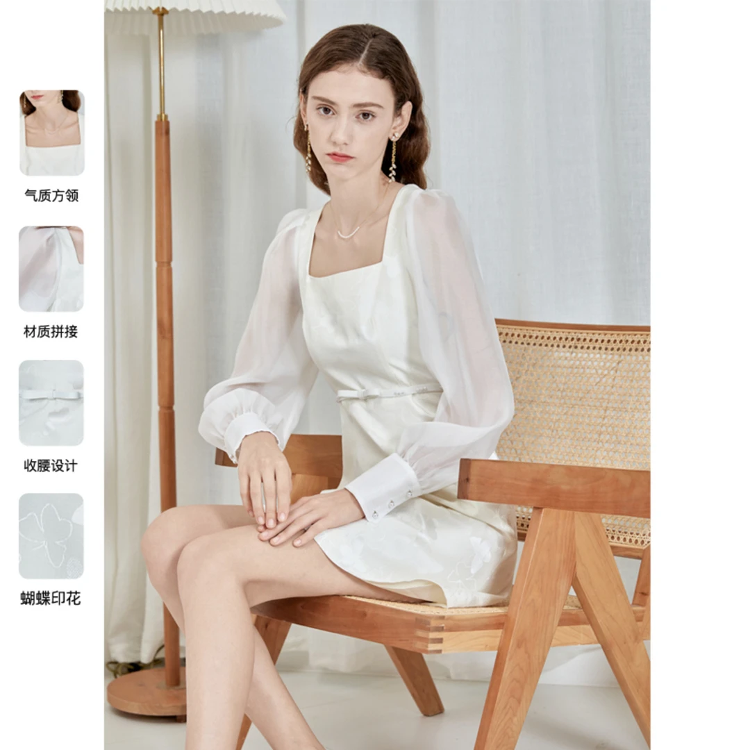 【爱粉专属】Caroline春季新款优雅灵动方领蝴蝶印花连衣裙ECRDAA01