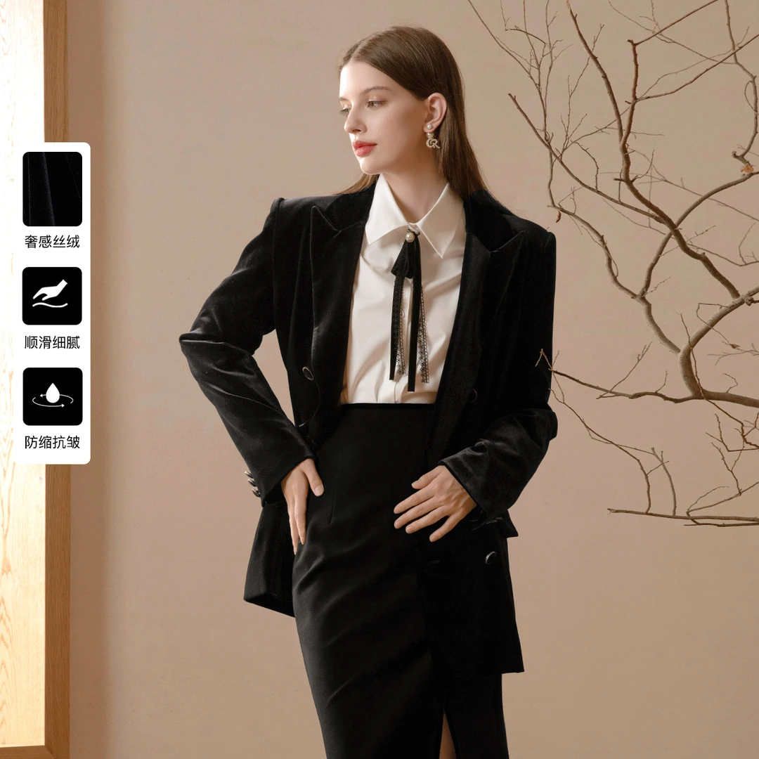 【粉丝专属】Caroline秋季新款简约气质丝绒戗驳领西装ECRDCA46
