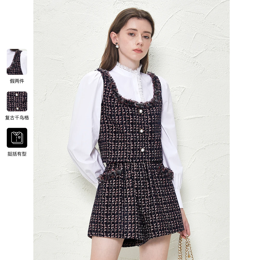 CAROLINE卡洛琳秋季新款假两件式粗花呢拼接衬衫ECRDCA37