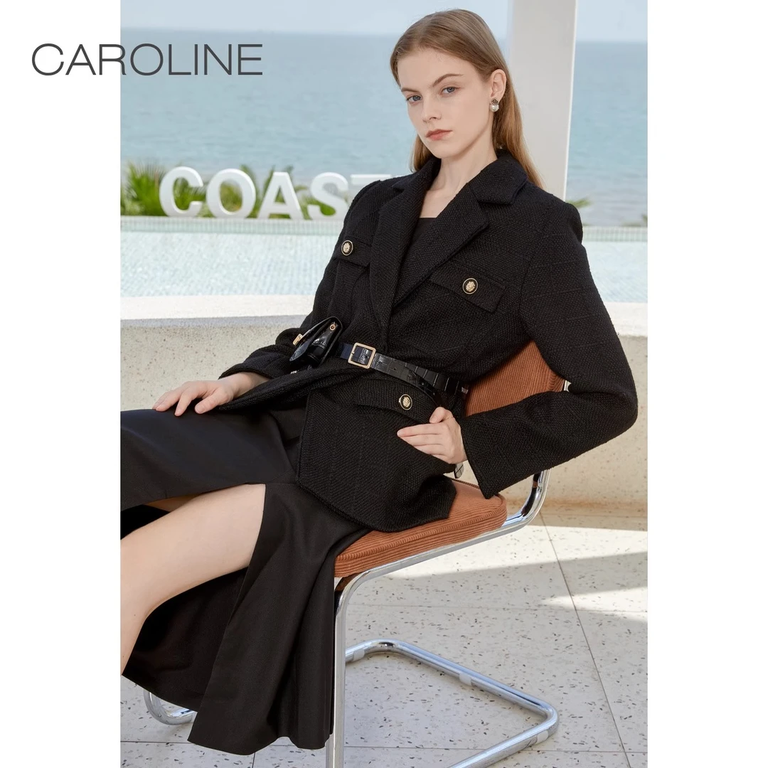 【诗语专属】Caroline春季新款皮带腰包黑色修身粗花呢外套ECRCCA85