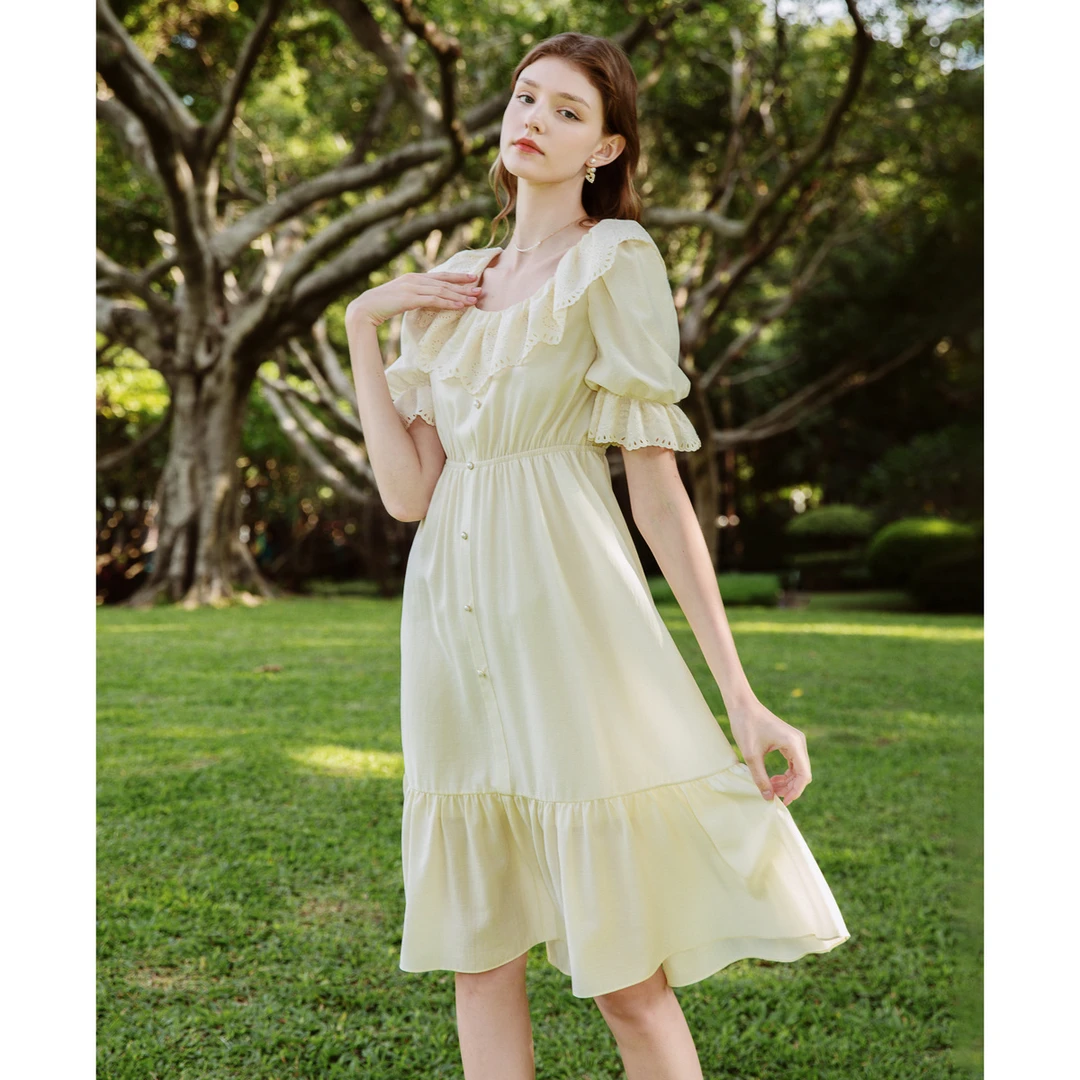 【爱粉专属】Caroline夏季新款U字领雪纺设计感小清新连衣裙ECRDBA0