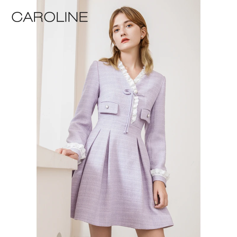 【爱粉专属】Caroline冬季新款紫色V领小香风连衣裙ECRDDC30