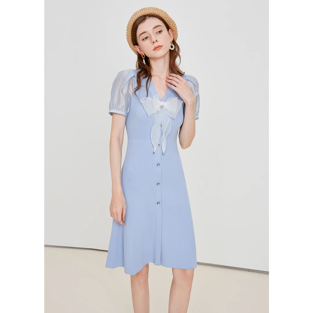 【诗语专属】Caroline夏季新款V领蝴蝶结收腰针织连衣裙ECRCBA76