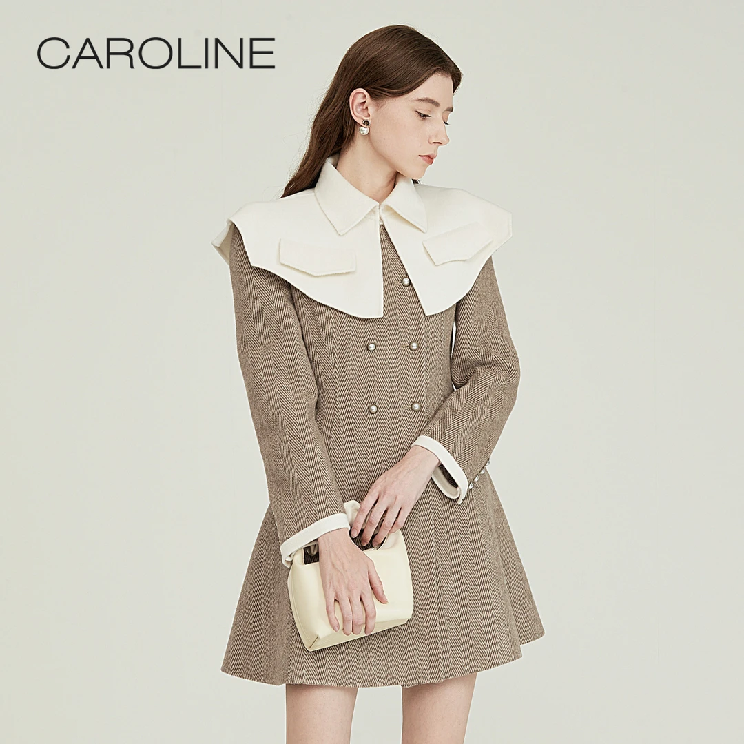 [欧莉专属]Caroline秋款撞色双排扣斗篷式双面毛呢外套ECRCCD13