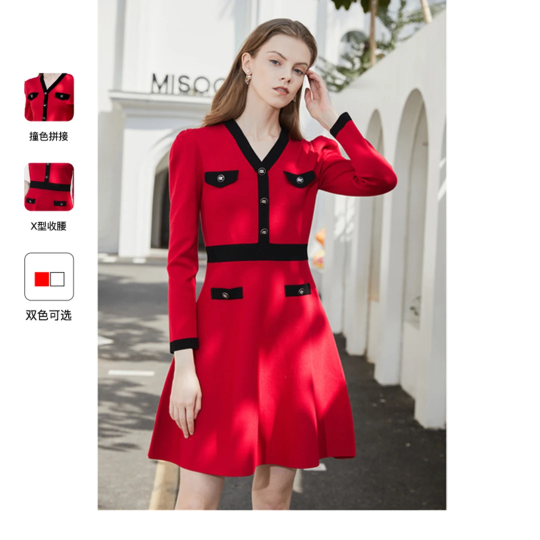 【爱粉专属】Caroline冬季新款气质假口袋纽扣V领高腰连衣裙ECRDAB7