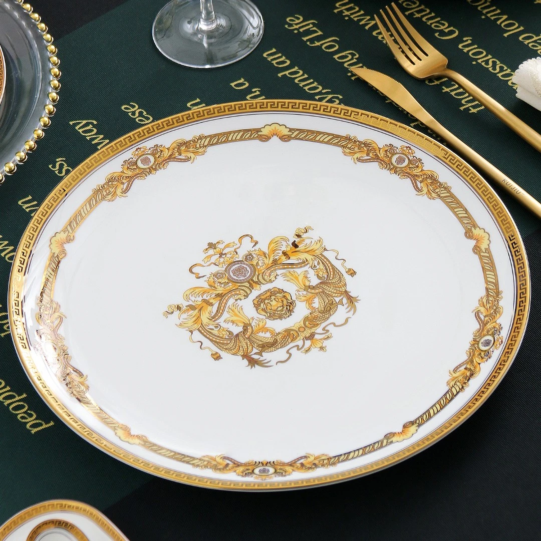 骨瓷西餐盘家用欧式金边大平盘中餐浅盘凉菜盘12英寸餐具盘子菜盘