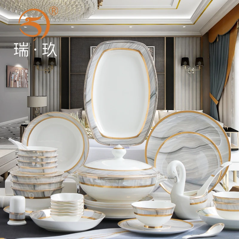 餐具套装碗盘家用轻奢金边60头新款碗碟10人碗筷套装骨瓷餐具套餐