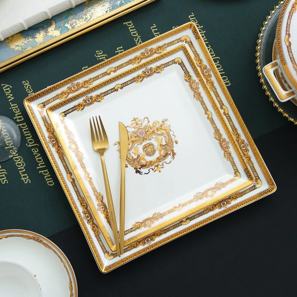 瑞玖欧式家用方盘骨瓷大号大平盘金边牛排西餐盘方形盘子金色盘碟