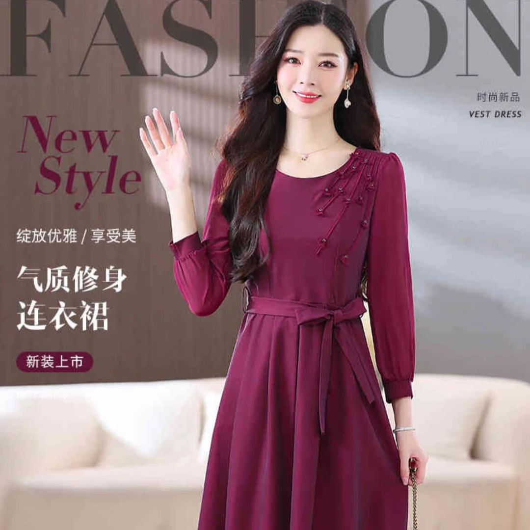 玫红色收腰系带百搭裙子2025年春季新款贵妇人立体印花精致连衣裙