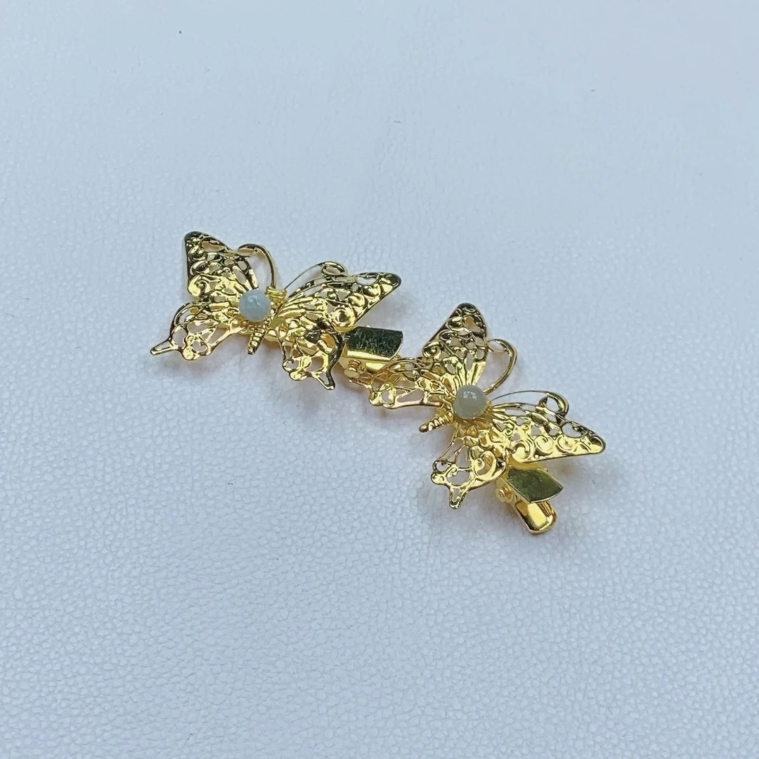 翡翠发饰发夹蝴蝶款式珠珠为天然翡翠A货鸭嘴夹儿童发夹成人发夹