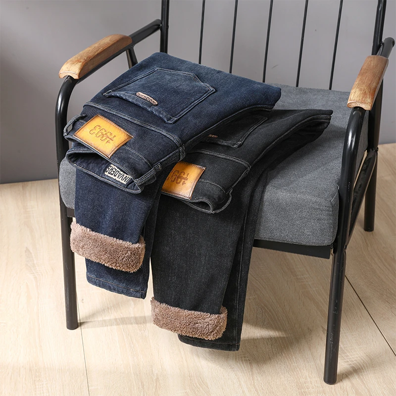 冬季新款加绒加厚男士牛仔裤韩版修身弹力小直筒长裤牛仔裤子男