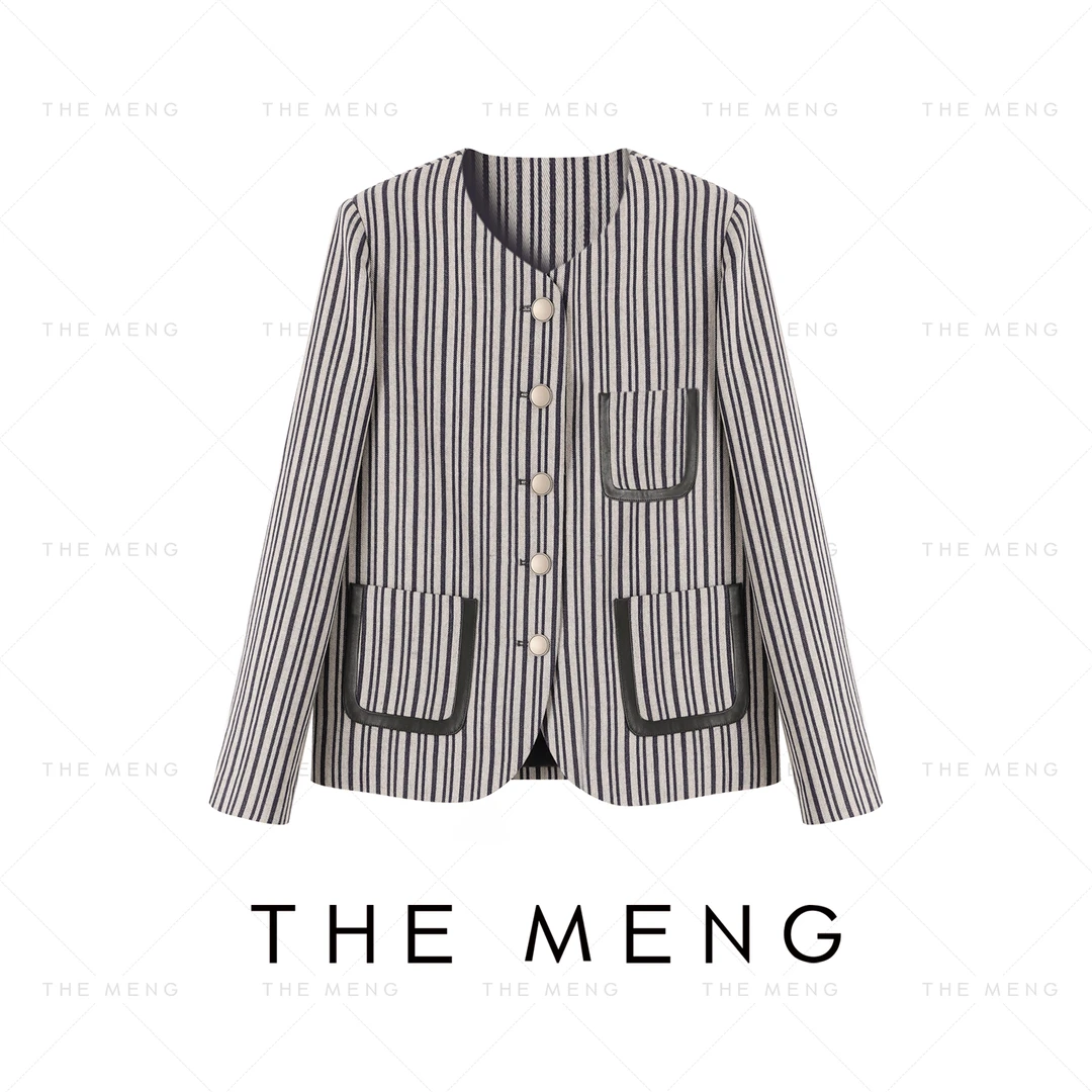 THE MENG【波普】美丽诺绵羊毛休闲条纹小香风外套#M241C064