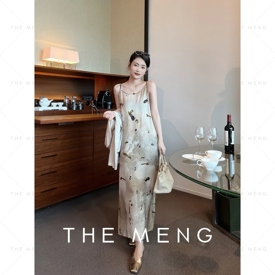 THE MENG【芙蕖】新款气质时尚开叉复古印花连衣裙#QZ2880