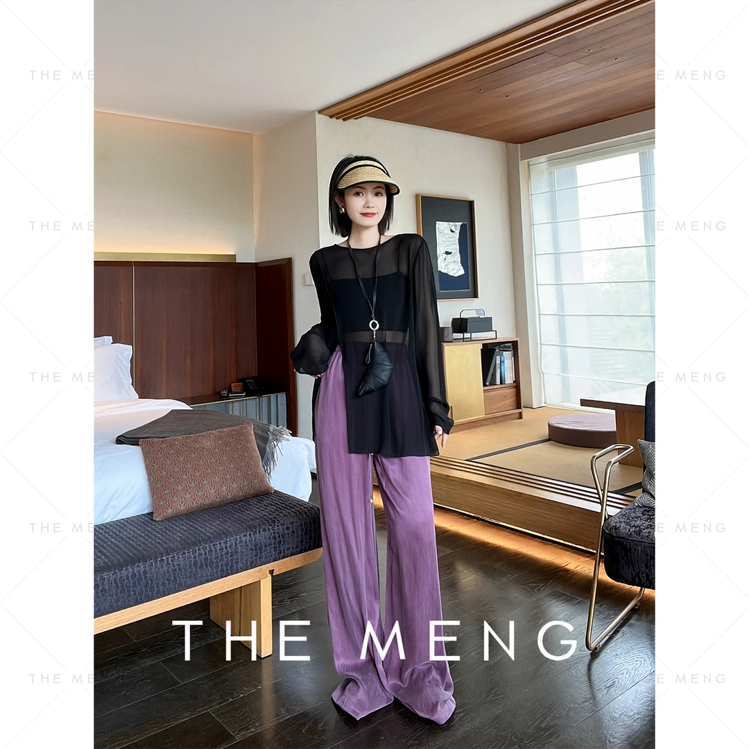 THE MENG【风信紫】铜氨丝纯色抽绳收腰阔腿休闲裤#M242P016