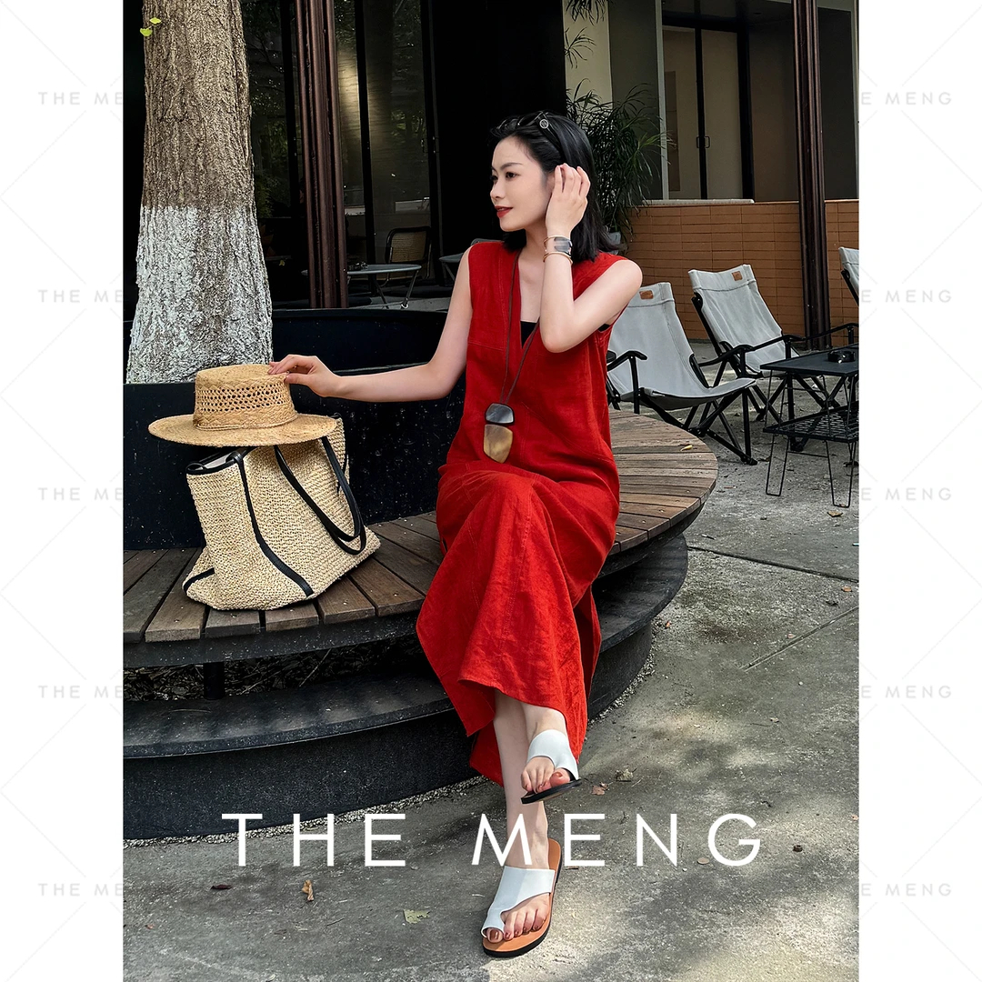 THE MENG【初见】亚麻凉感无袖V领纯色收腰显瘦连衣裙#M242G0076