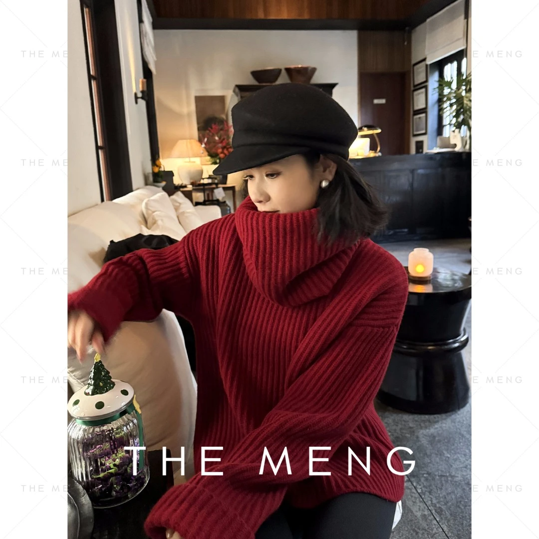 THE MENG【赤霞】100绵羊毛圣诞氛围坑条高领针织衫#M234E096