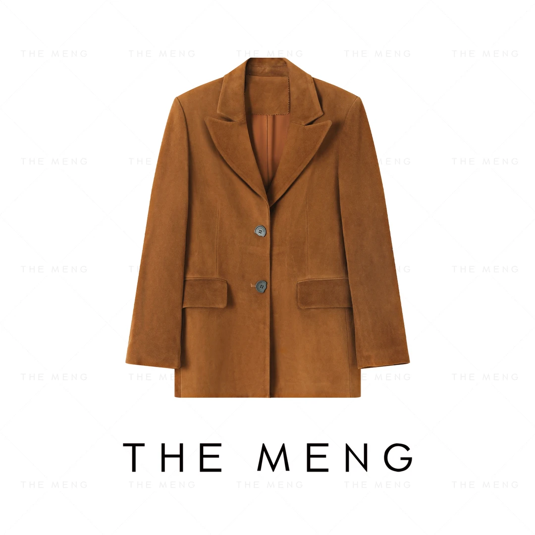 THE MENG【即兴简意】绵羊皮气质裸感通勤翻领皮衣外套#WA6199