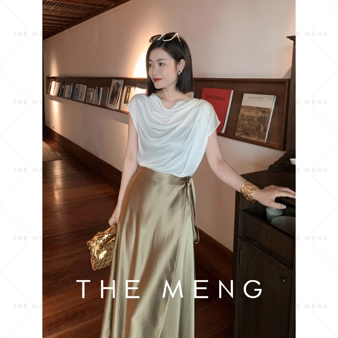 THE MENG【盛夏】100醋酸设计师款纽扣纯色T恤#M242D068