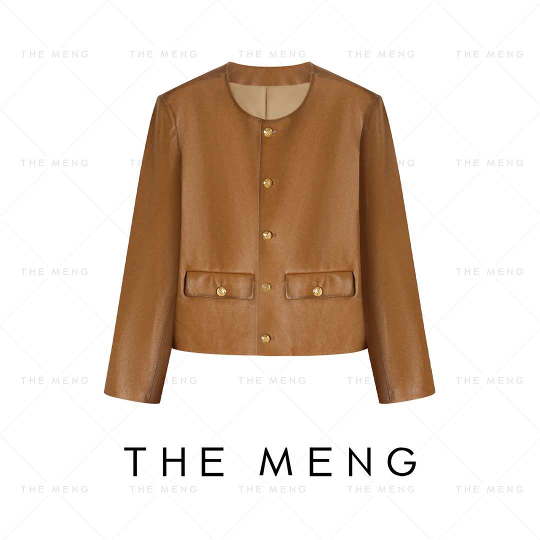 THE MENG【独爱】一整张的小羊休闲圆领短款皮衣外套#WL5265