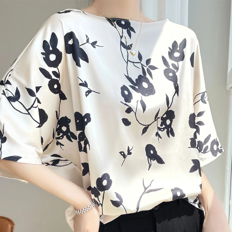 丝质缎面t恤女夏装宽松印花显瘦洋气上衣设计感百搭碎花短袖气质