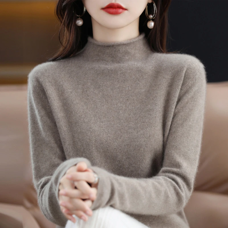 秋冬新款半高领羊毛衫女100%纯羊毛打底针织衫修身卷边领毛衣
